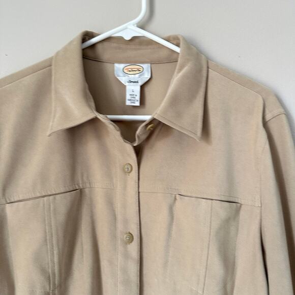 Talbots Stetch Faux Suede Shirt Womens LARGE Button Up Classic Fall Career Tan - Picture 2 of 12